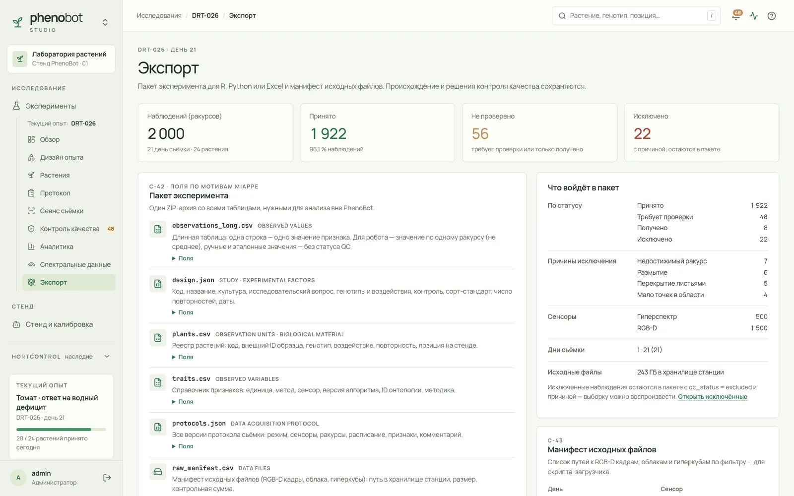 Экран экспорта: состав ZIP-пакета с таблицами наблюдений, дизайна, растений и признаков